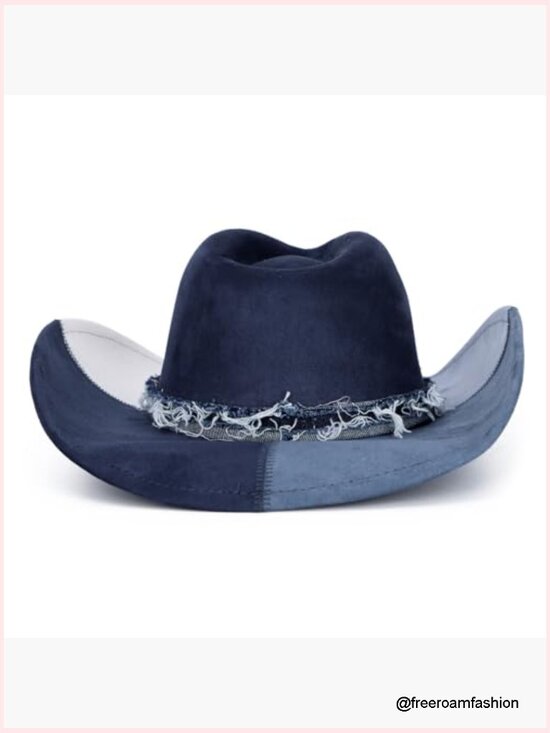 Wide Brim Suede Denim Cowboy Hat with Chinstrap Western Cowgirl main image 7